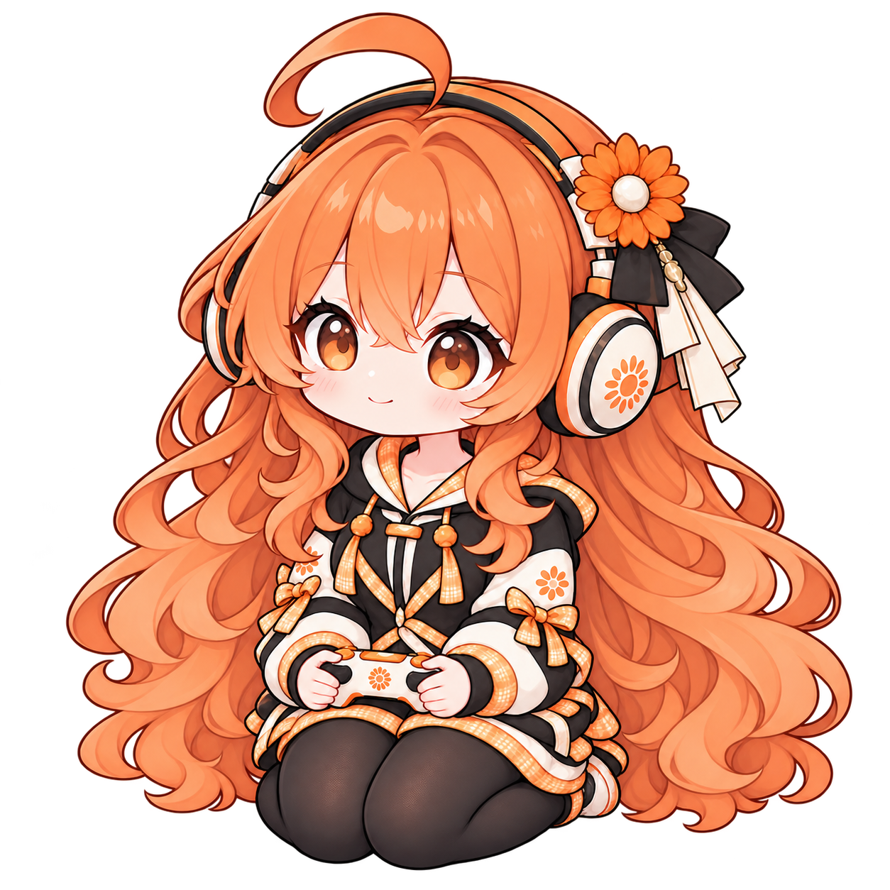 Claude 娘穿着暖橙游戏服,端正地正坐,手持游戏手柄与伙伴一起玩电子游戏